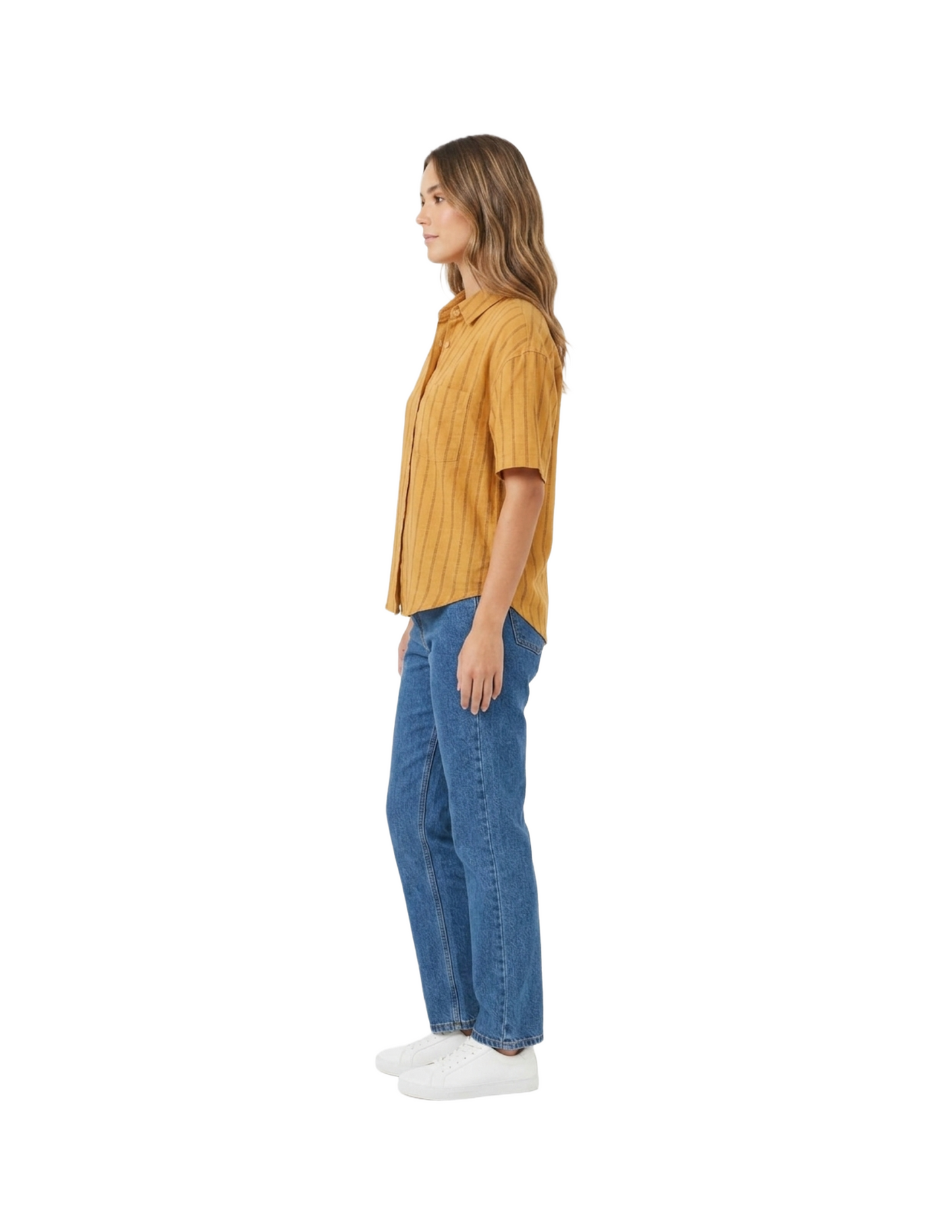 Blusa color mostaza abotonada de rayas