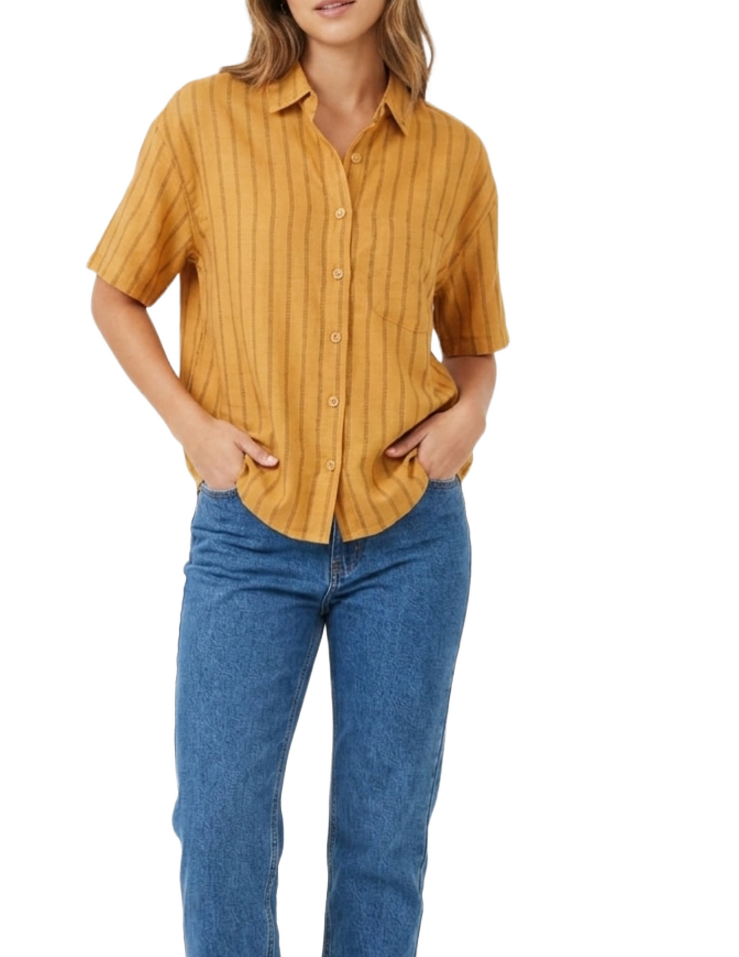 Blusa color mostaza abotonada de rayas
