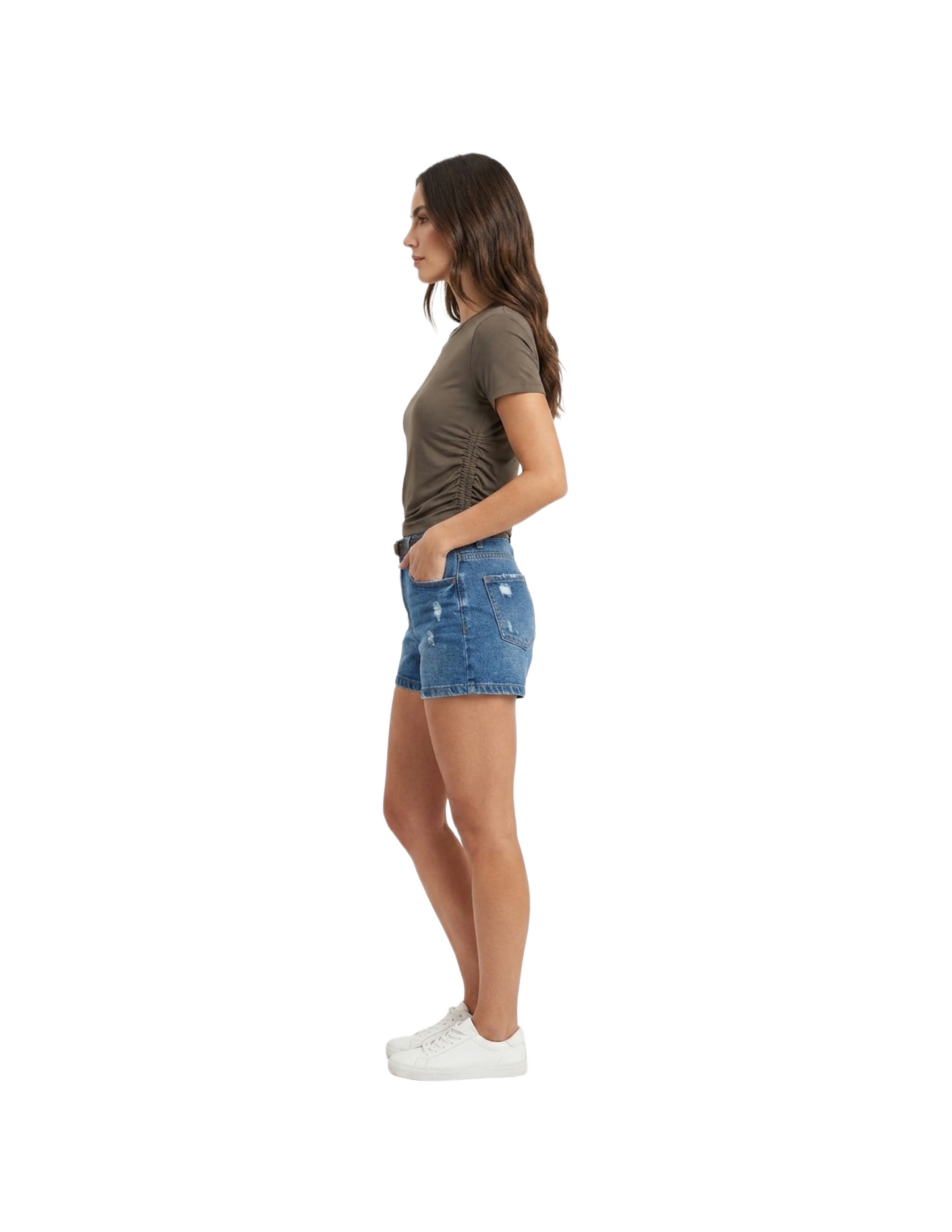 Blusa cafe con plisado lateral cuello redondo