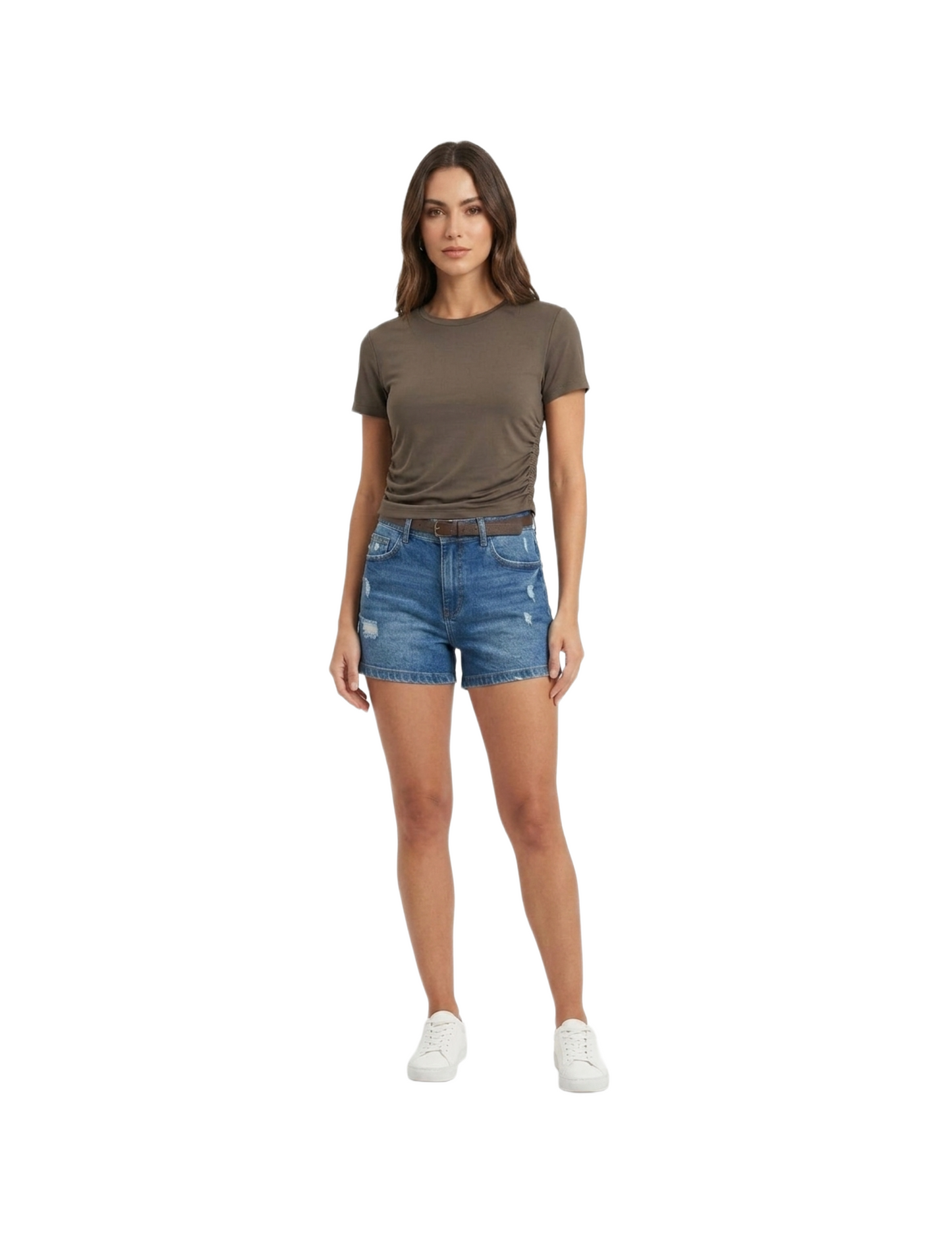 Blusa cafe con plisado lateral cuello redondo