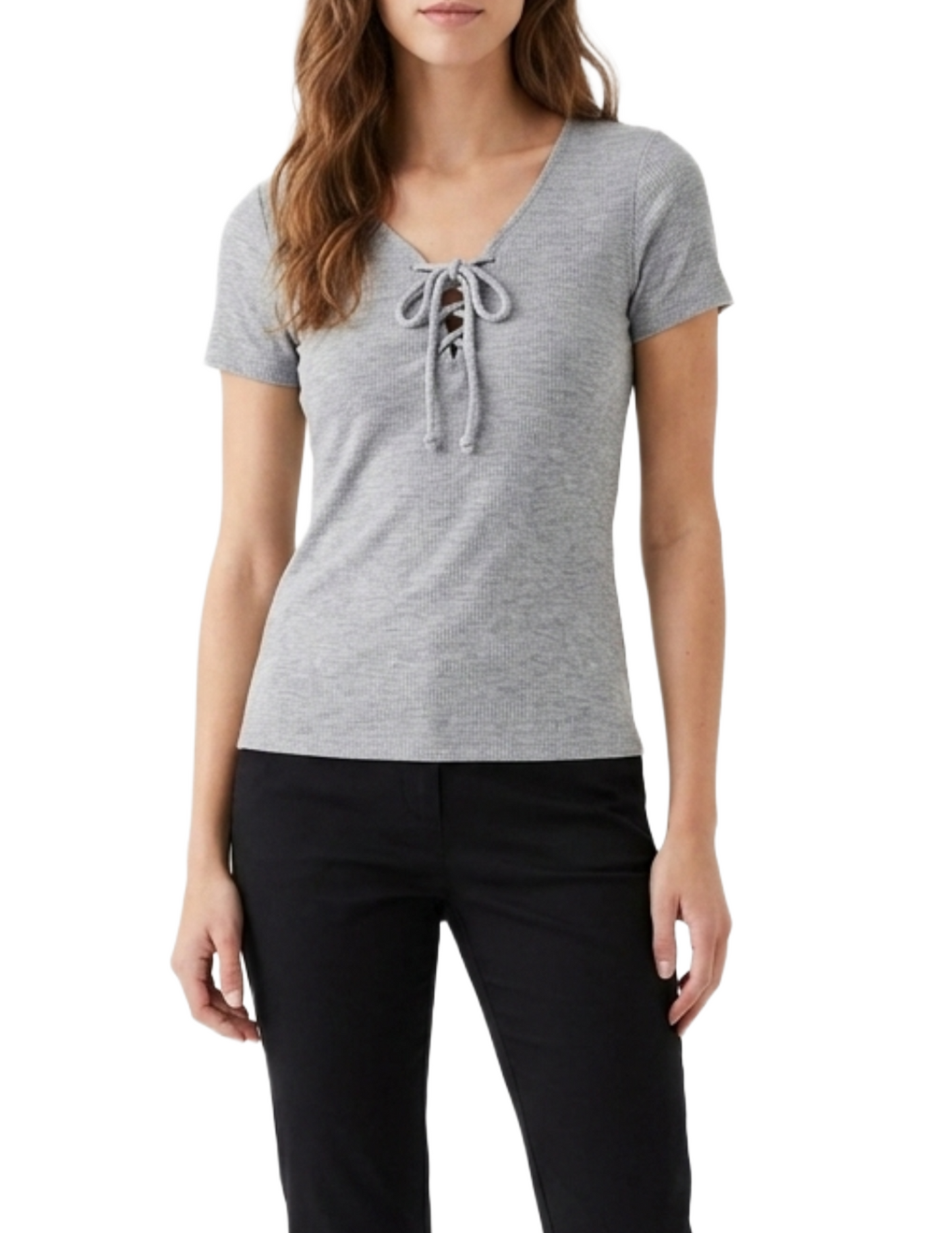 Blusa gris acanalada con amarre en pecho