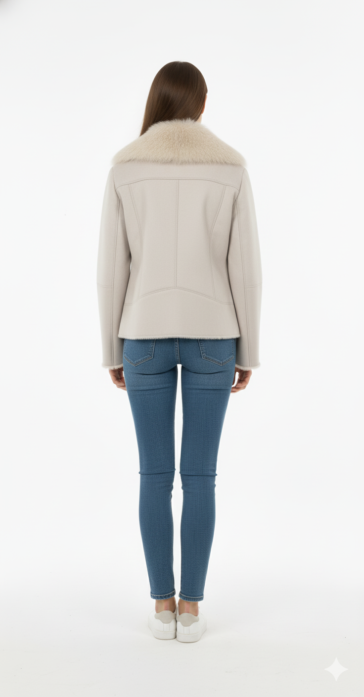 Saco beige con peluche en cuello cierre en ziper