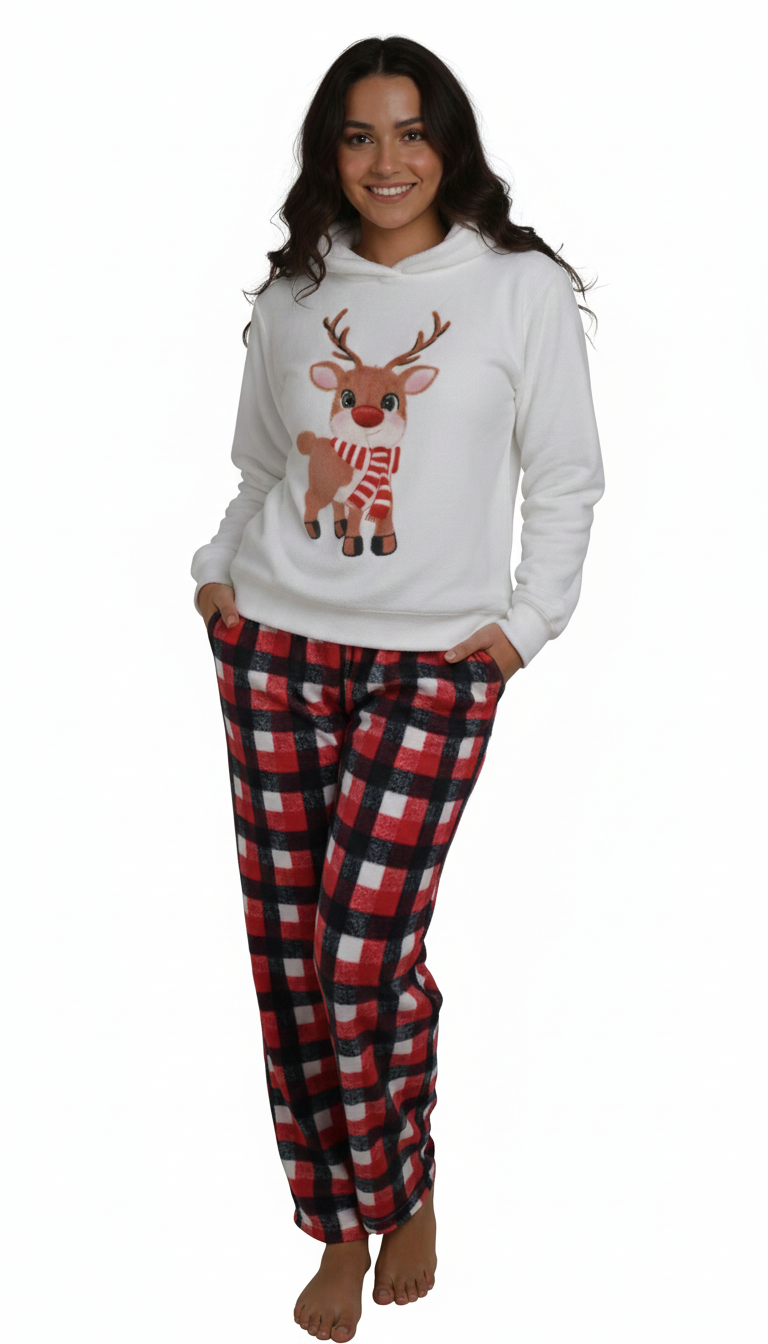 Conjunto de pijama navideña de sudadera blanca y pantalon cuadriculado