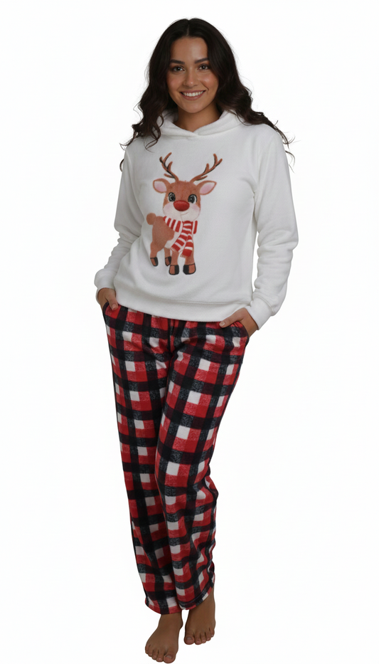 Conjunto de pijama navideña de sudadera blanca y pantalon cuadriculado