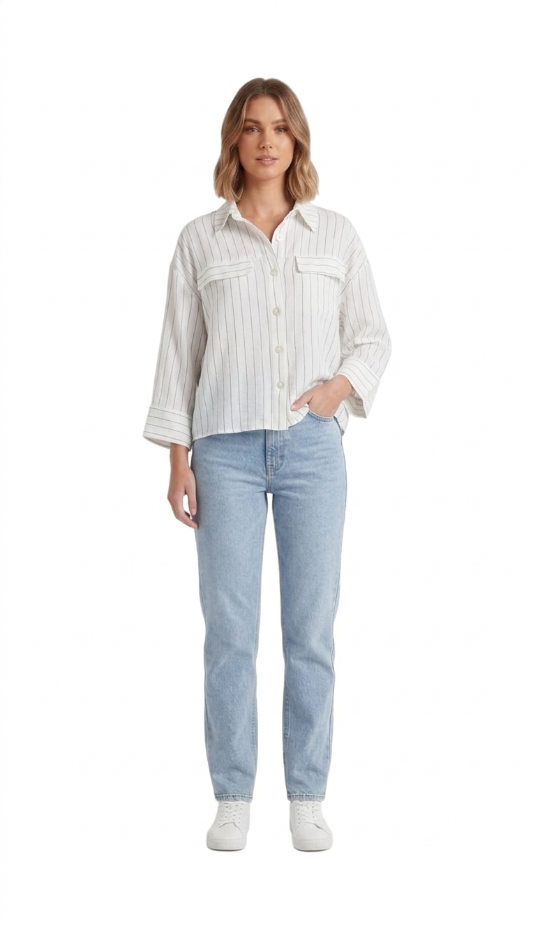 Blusa abotonada estampado a rayas manga tres cuartos