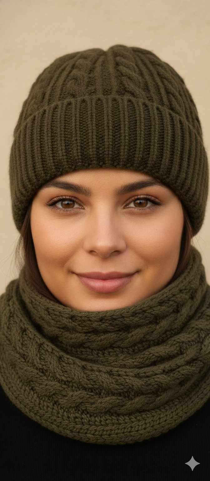 Conjunto de bonete y bufanda tejido en trenza
