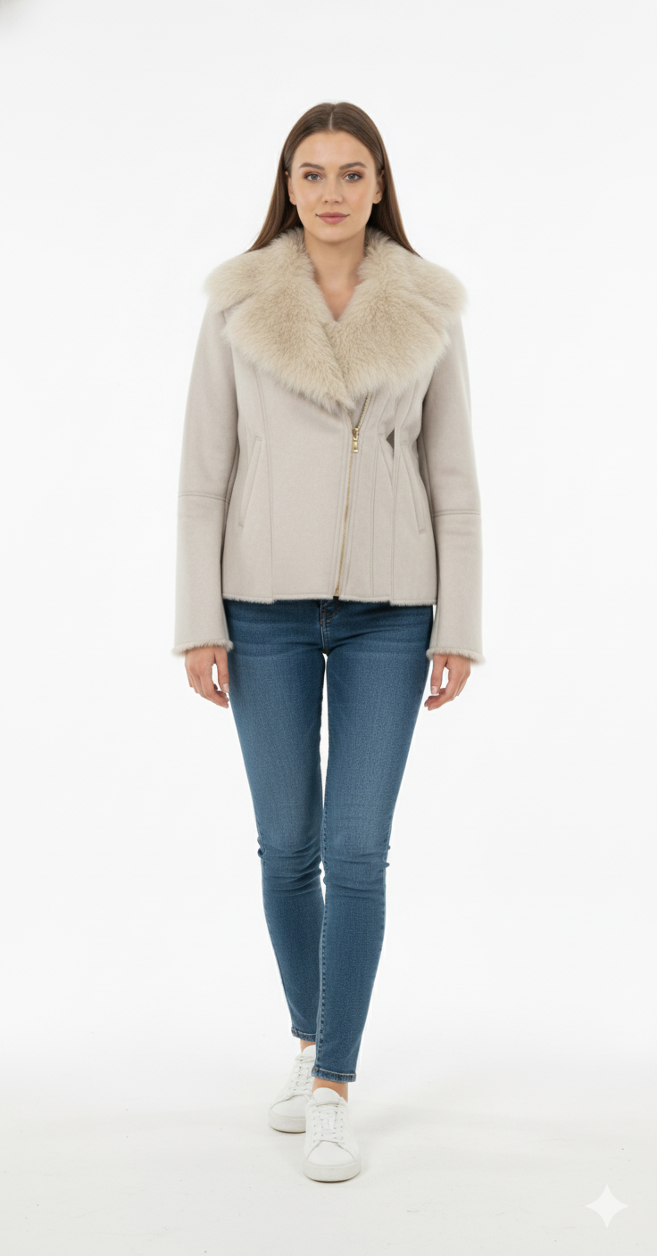 Saco beige con peluche en cuello cierre en ziper