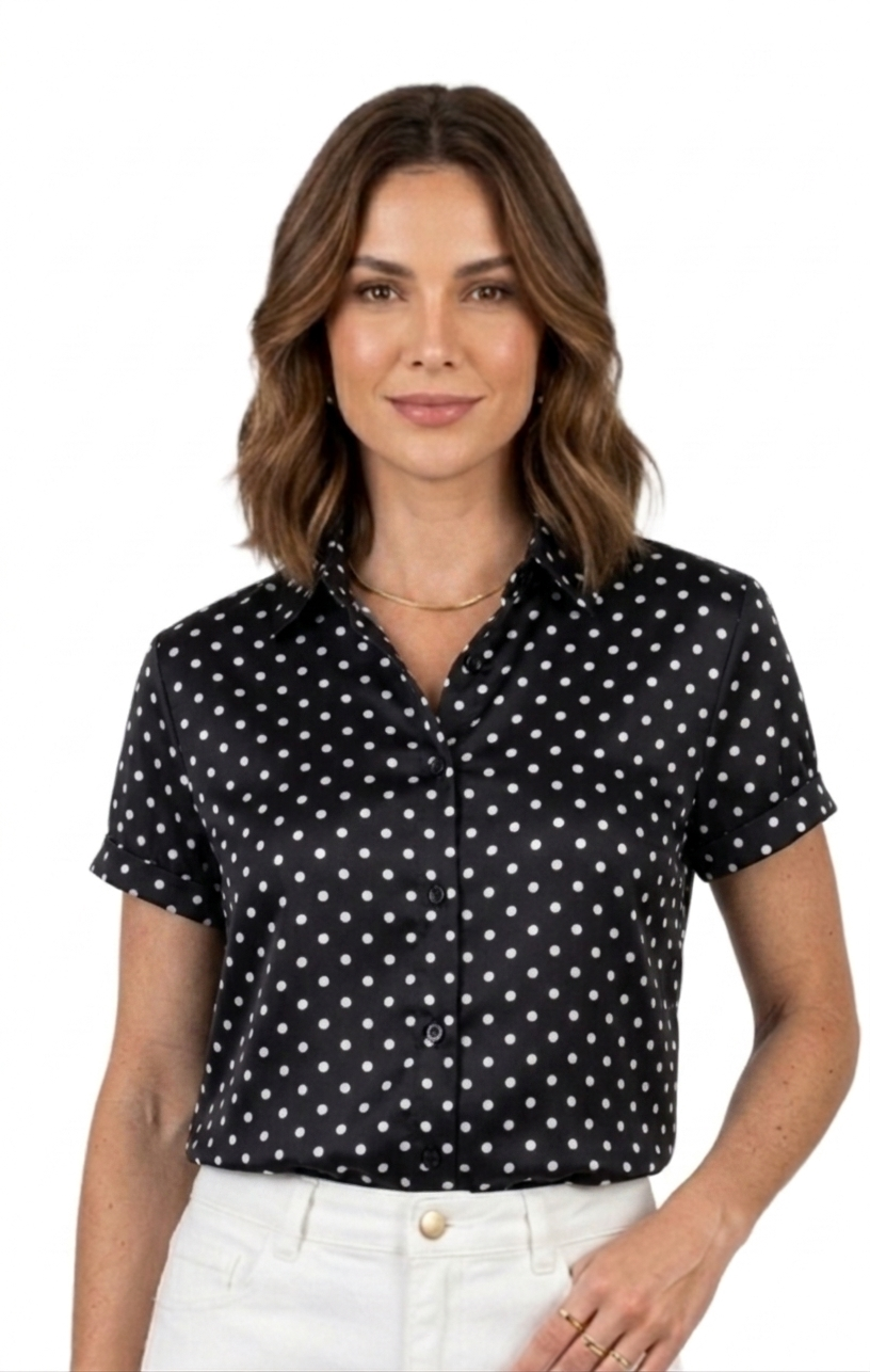 Blusa negra abotonada estampado de puntos