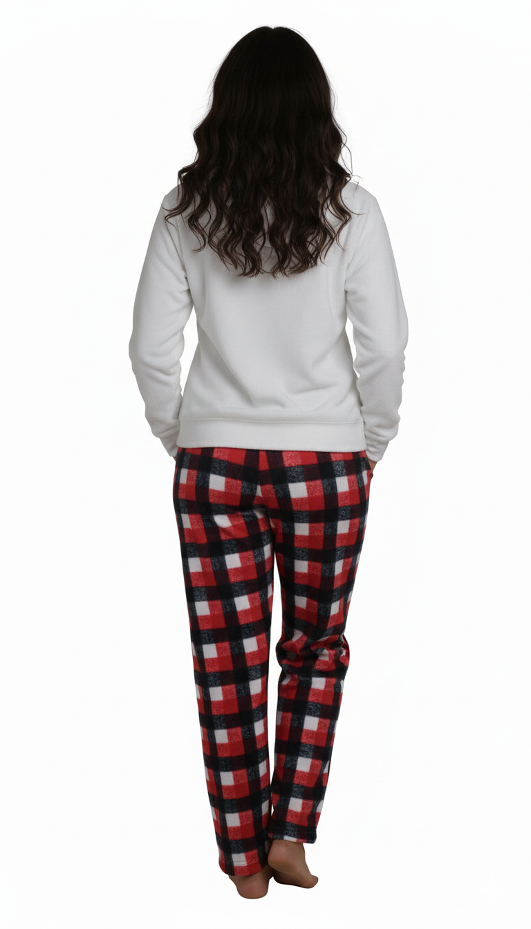 Conjunto de pijama navideña de sudadera blanca y pantalon cuadriculado