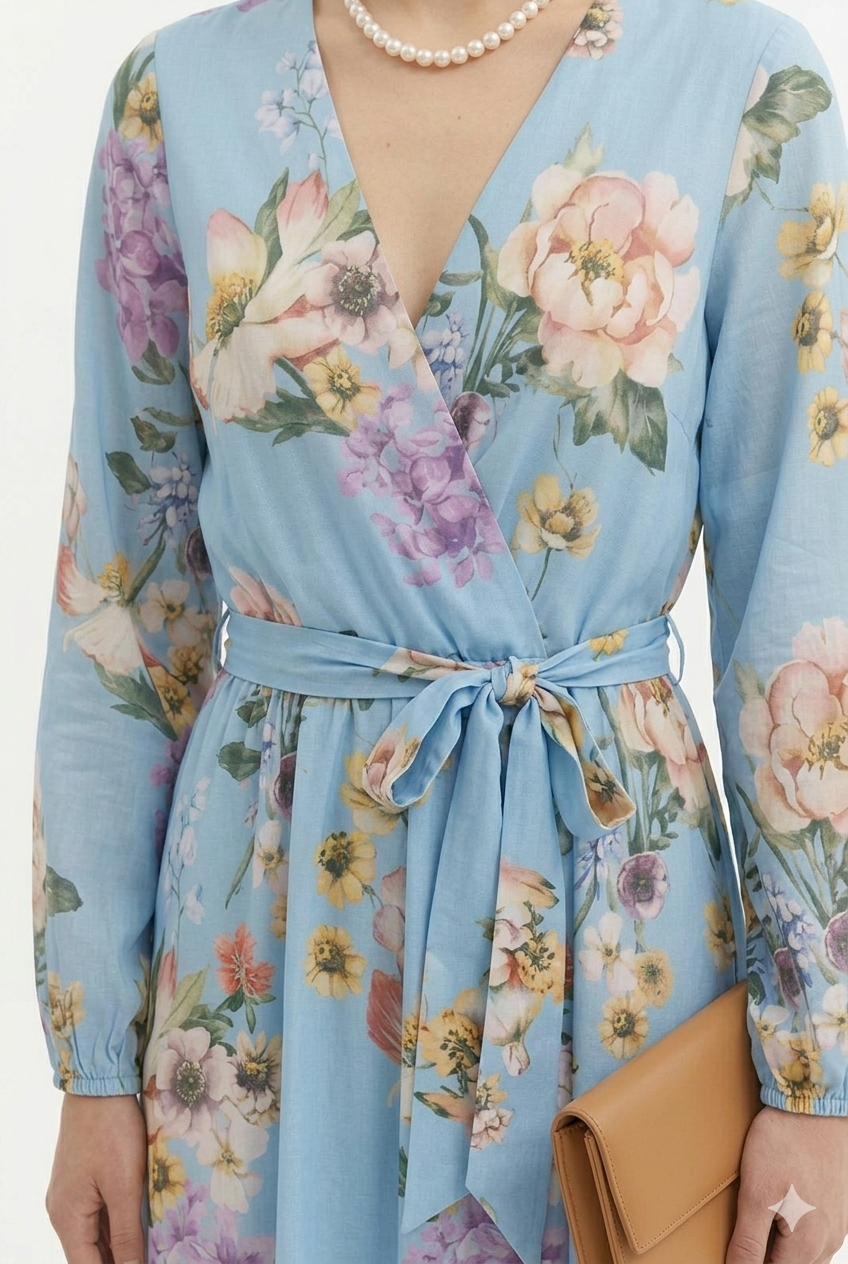 Vestido azul con flores largo tipo playero