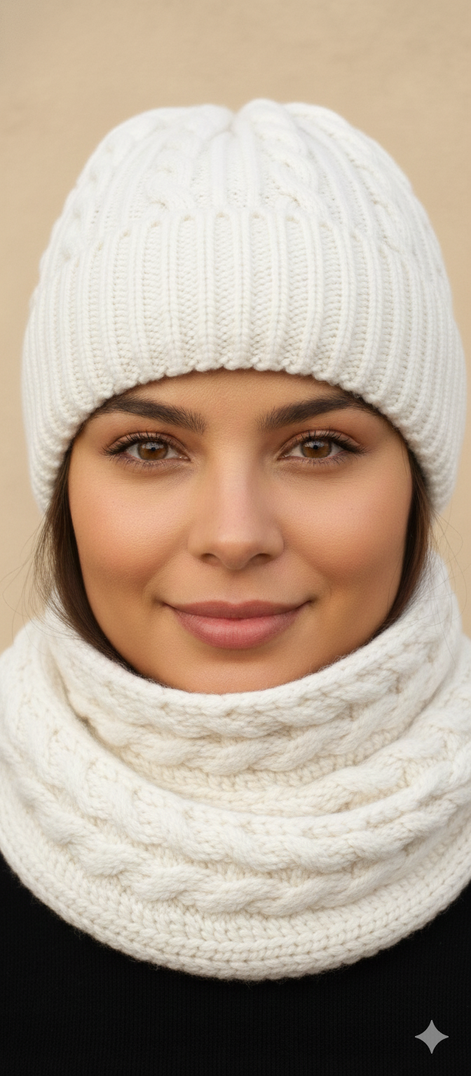 Conjunto de bonete y bufanda tejido en trenza