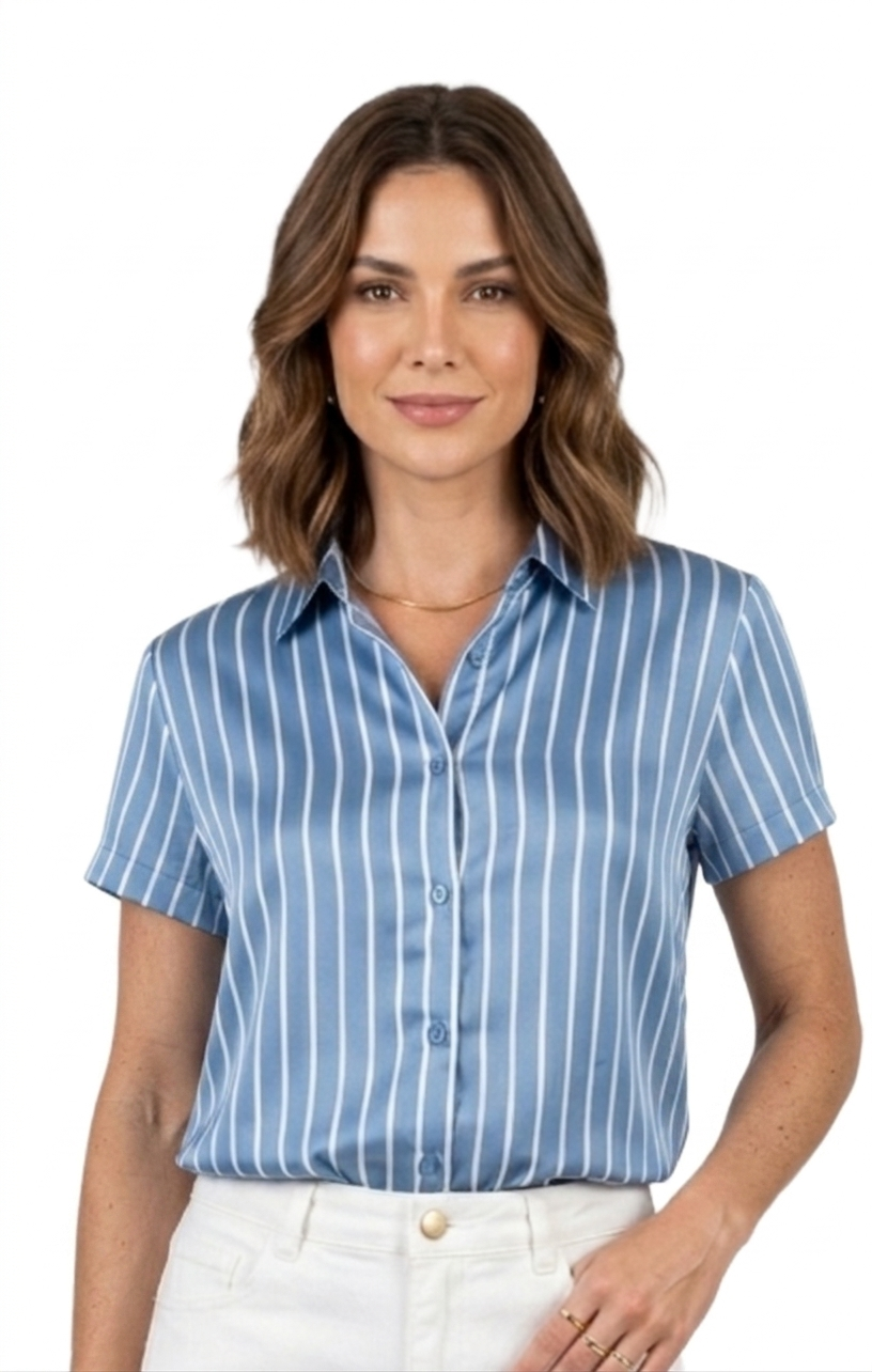 Crop top azul con rayas blancas satinado abotonada