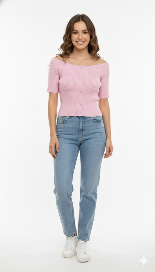 Blusa Rosa acanalada abotonada