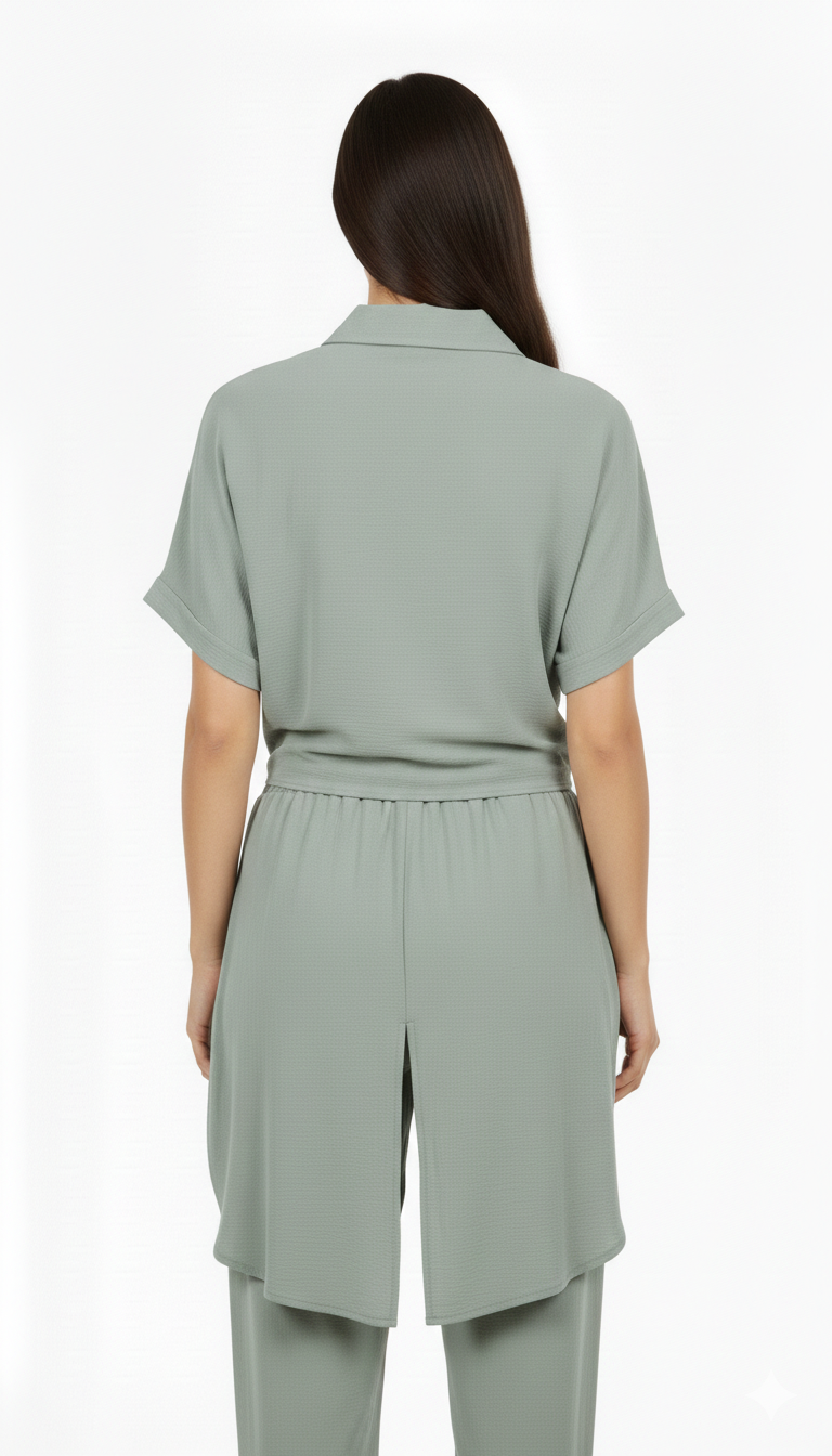 Conjunto de dos piezas de blusa con cola y pantalón