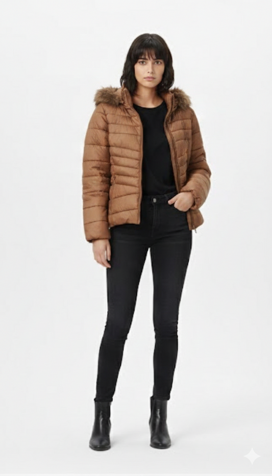 Chamarra capitonada cafe con capucha de peluche