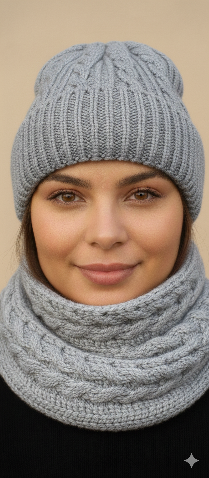 Conjunto de bonete y bufanda tejido en trenza