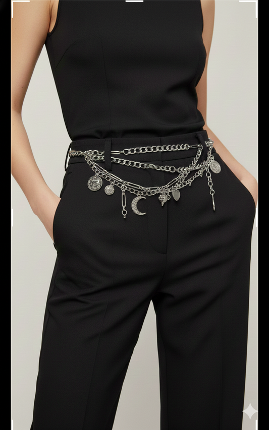 Cinturón de cadenas y charms plateado