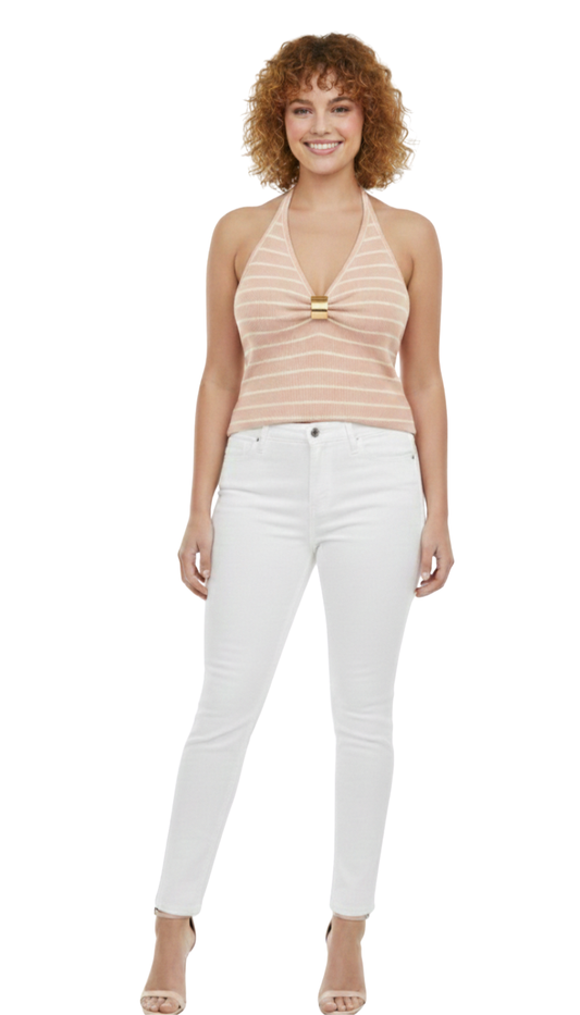 Blusa rosa acanalada a rayas rosas y blancas con detalle en escote