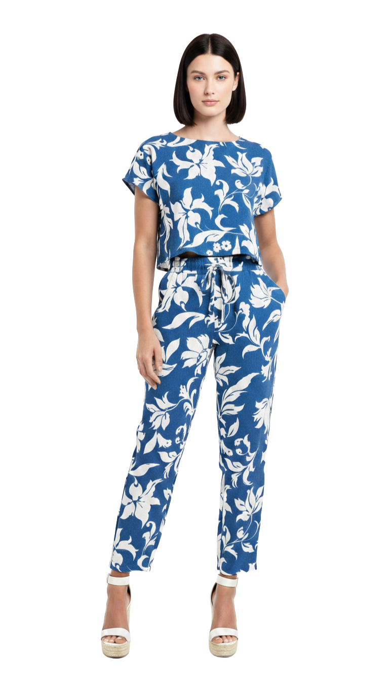 Conjunto de dos piezas de blusa y pantalón estampado primaveral