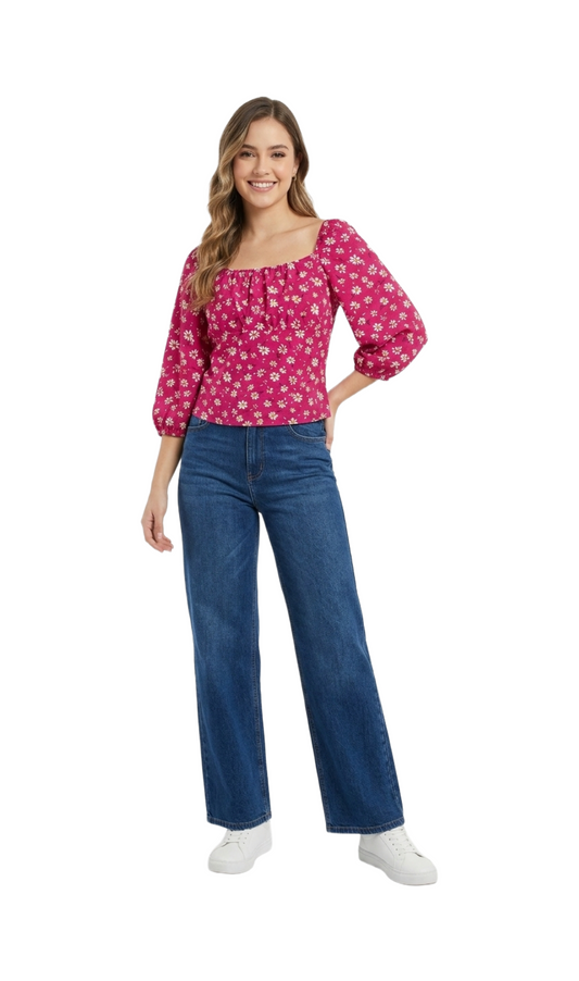 Blusa rosa floreada con detalle de elástico en espalda