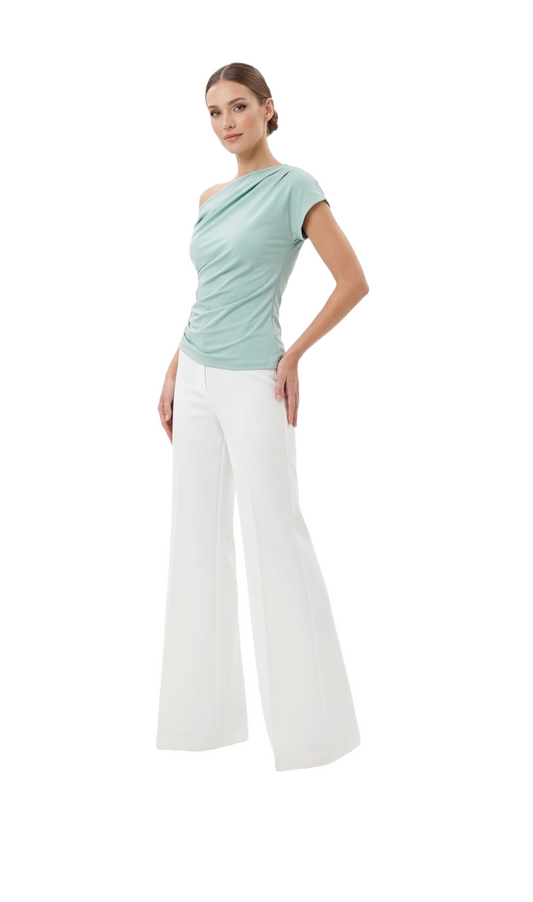 Blusa verde acqua con manga desigual plisados laterales