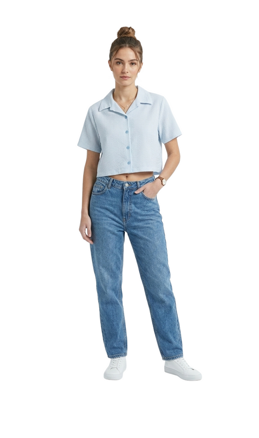 Crop top de rayas azules abotonado