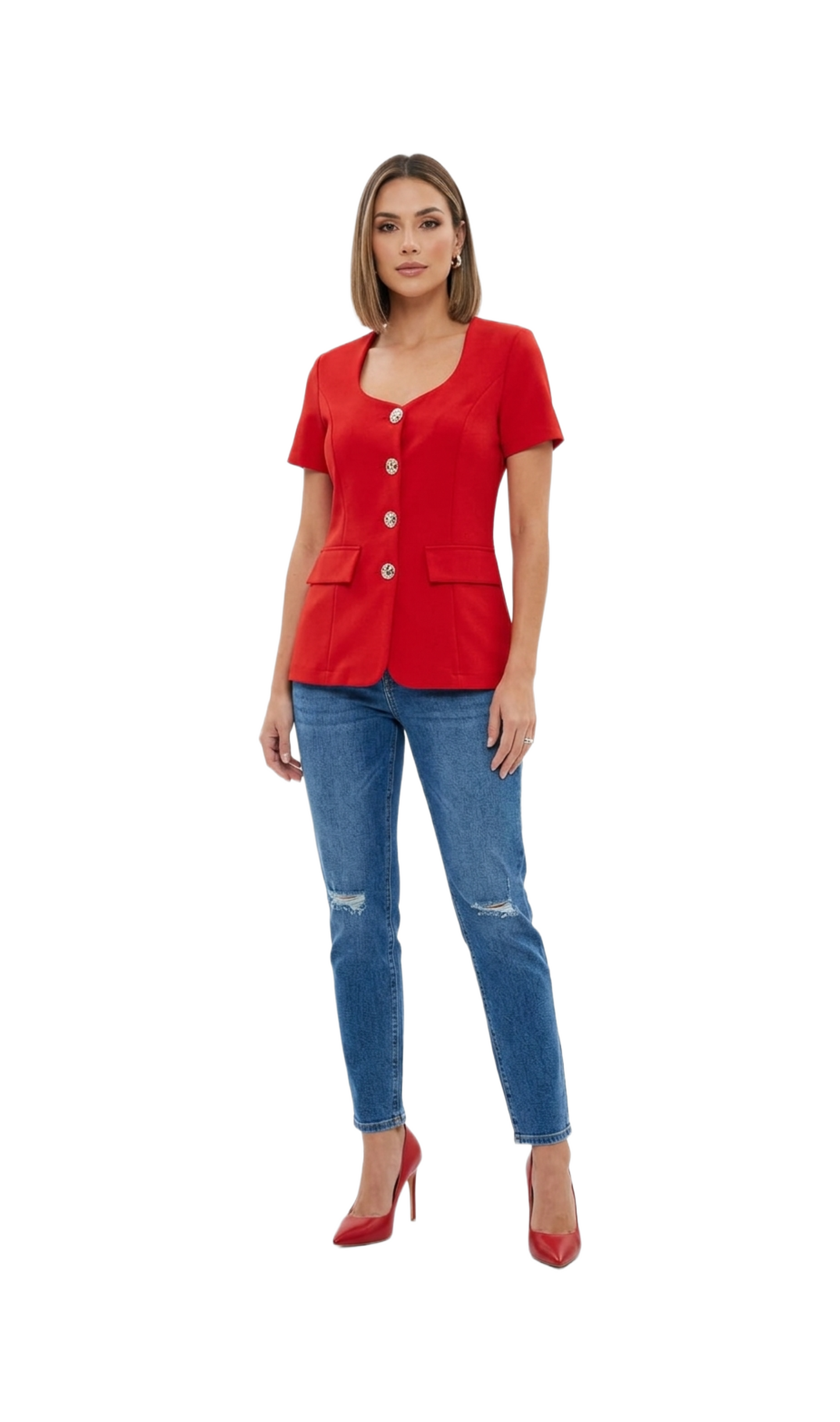 Blusa roja abotonada con carteras al frente