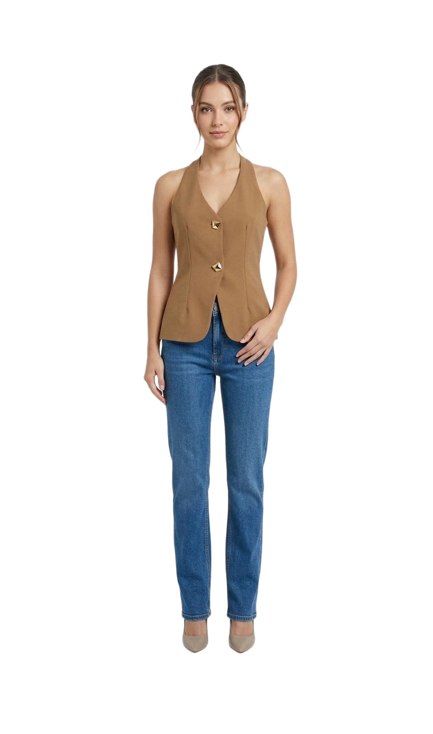 Blusa cafe con botones de metal y pinzas laterales