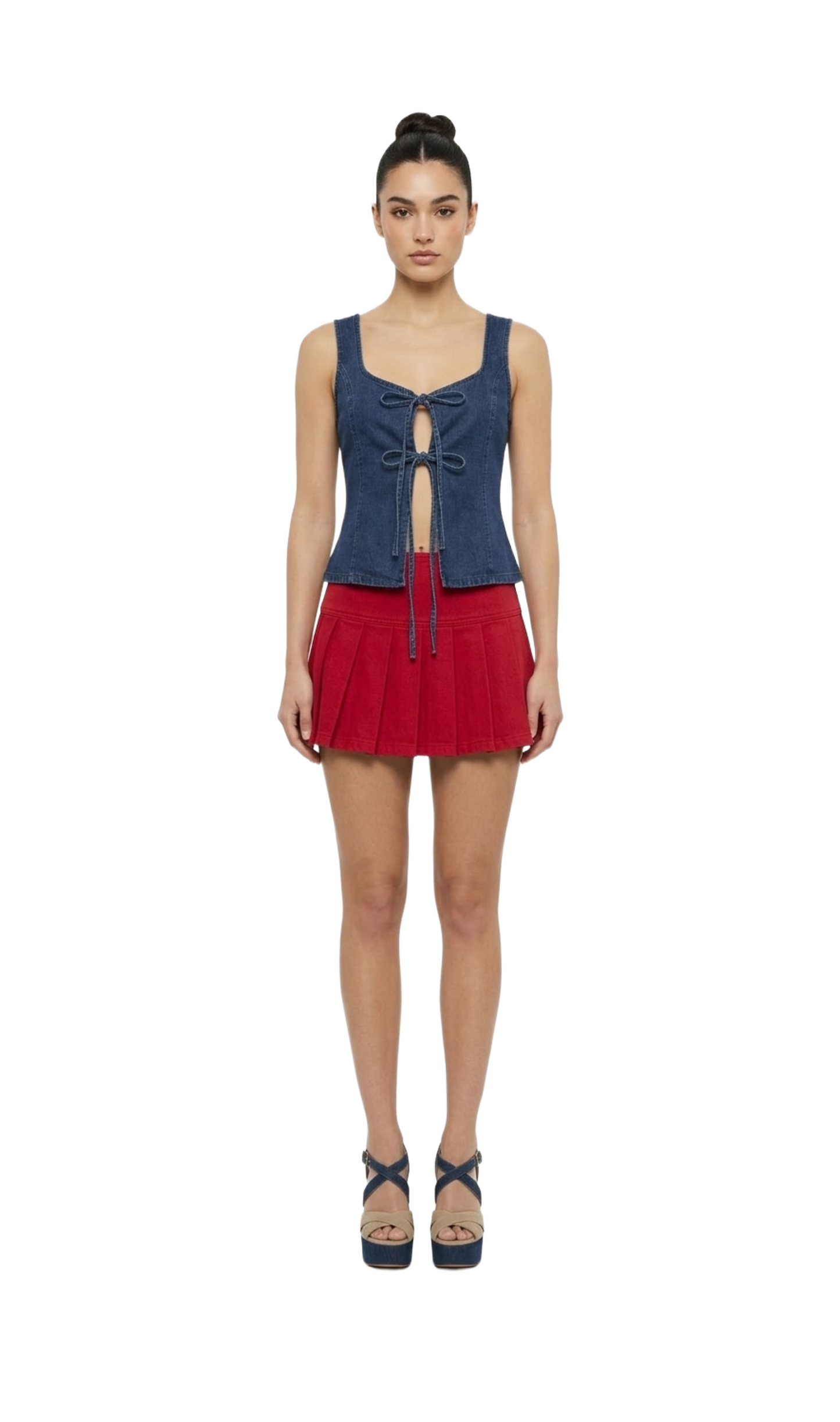 Blusa de mezclilla con escote con moños