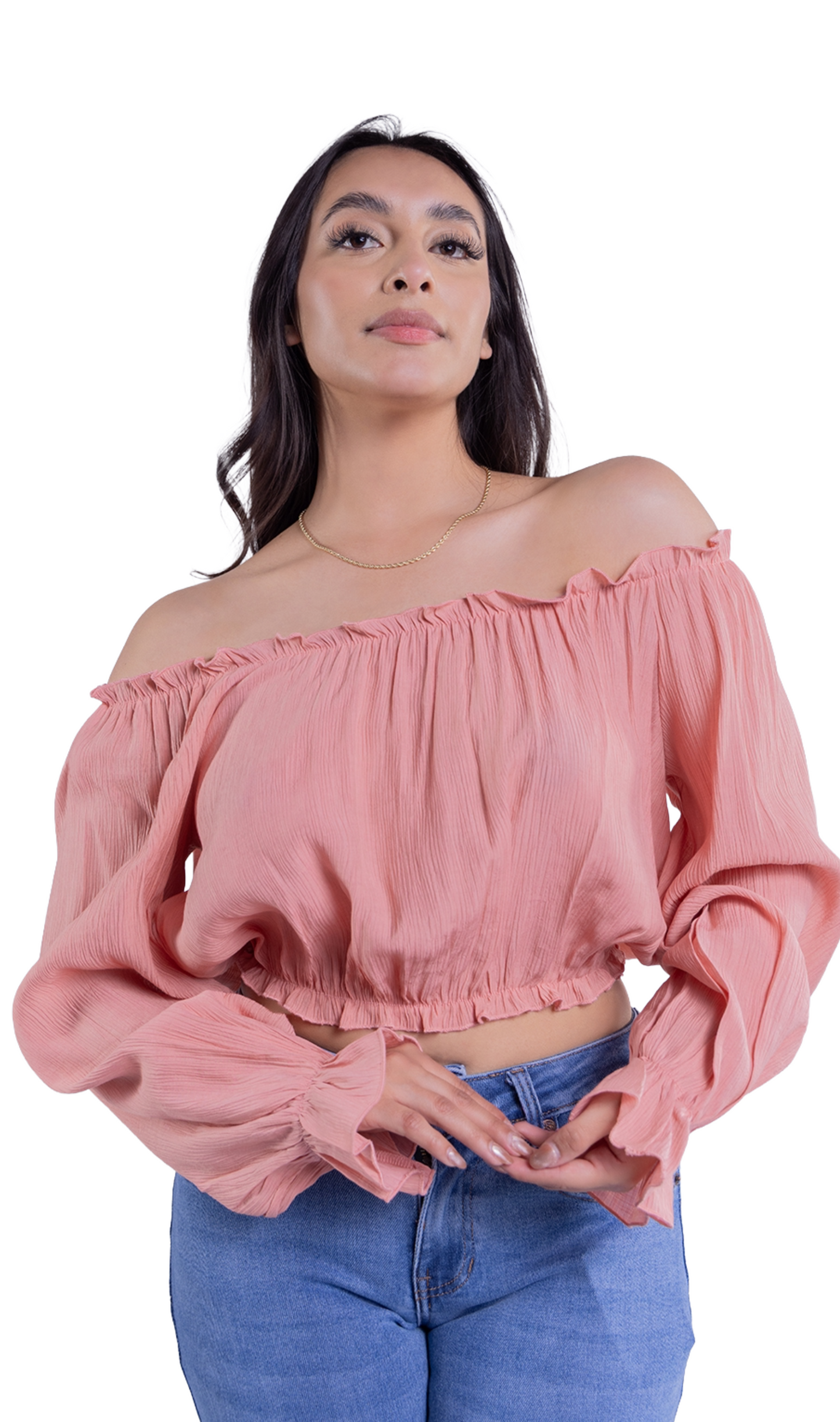 Crop top campesino plisado manga larga