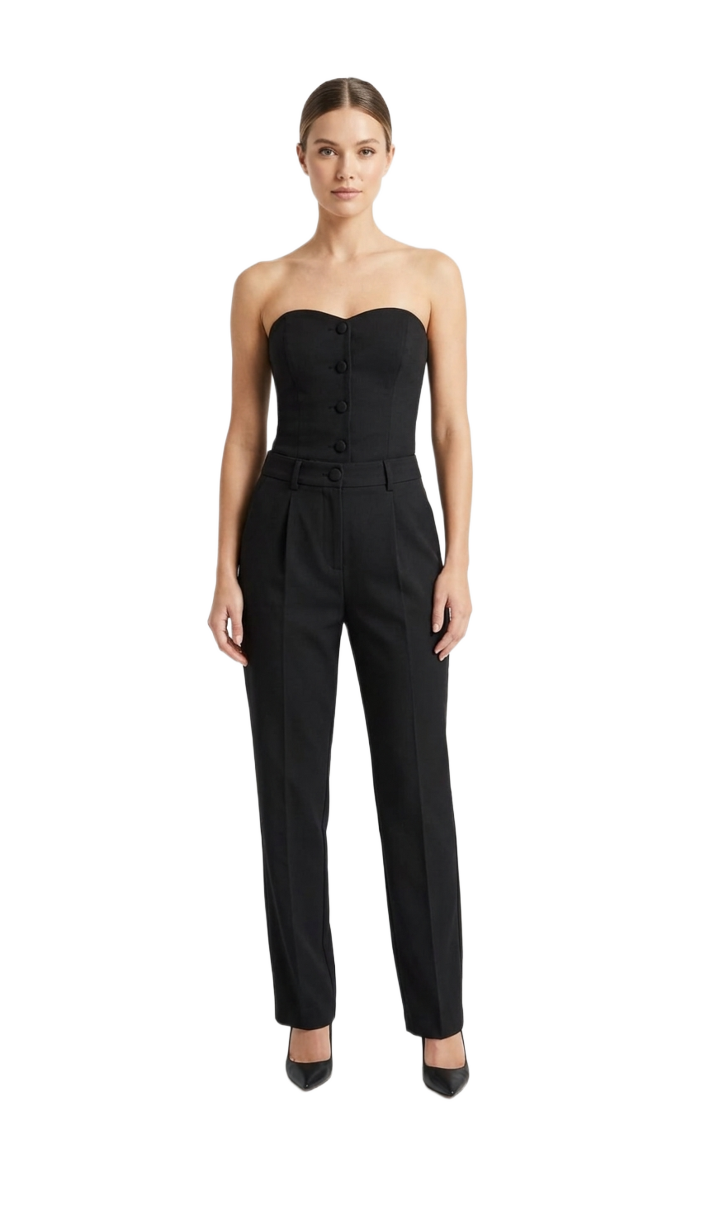 Conjunto negro de dos piezas de straple y pantalón de vestir con pinzas