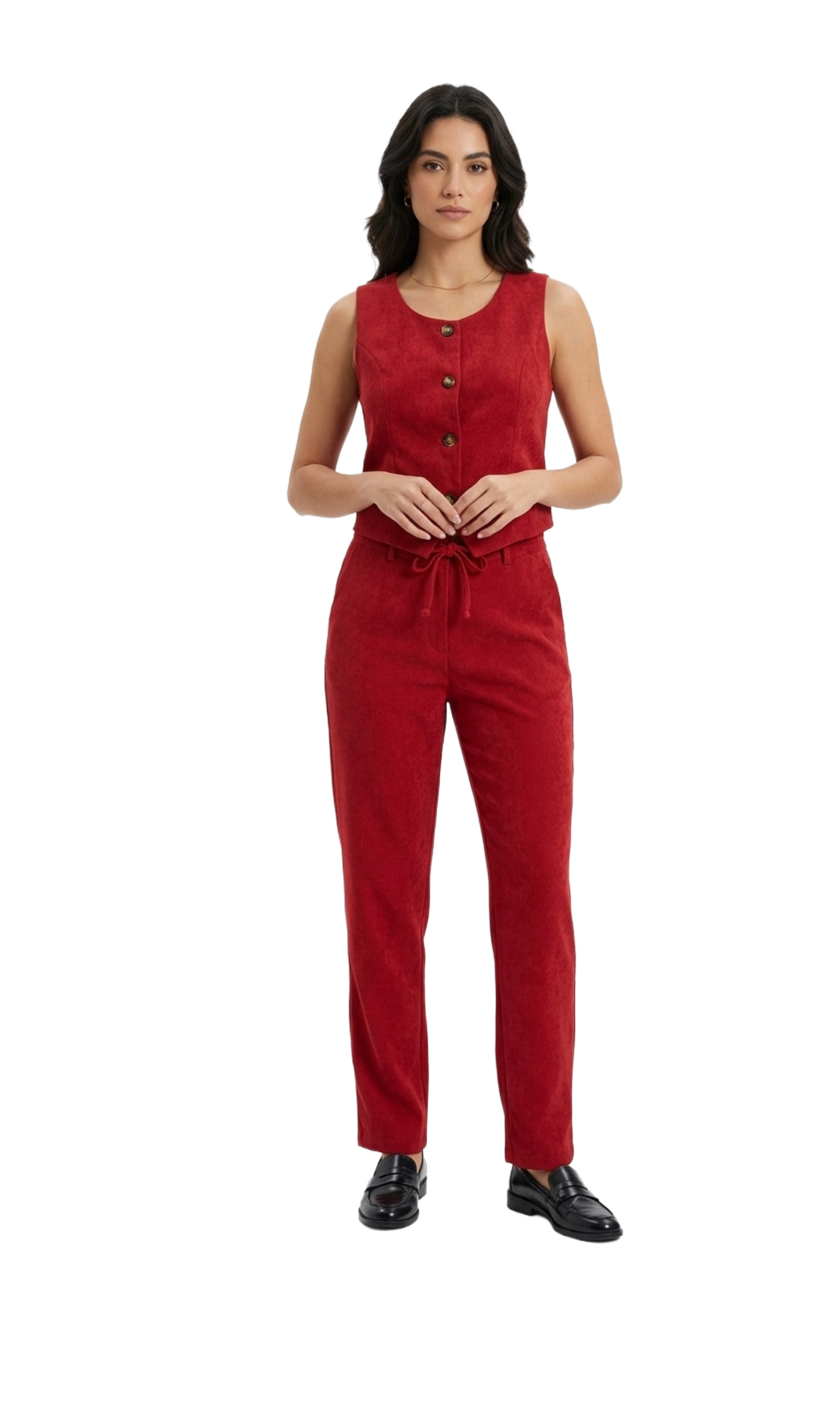 Conjunto rojo de dos piezas de chaleco y pantalon