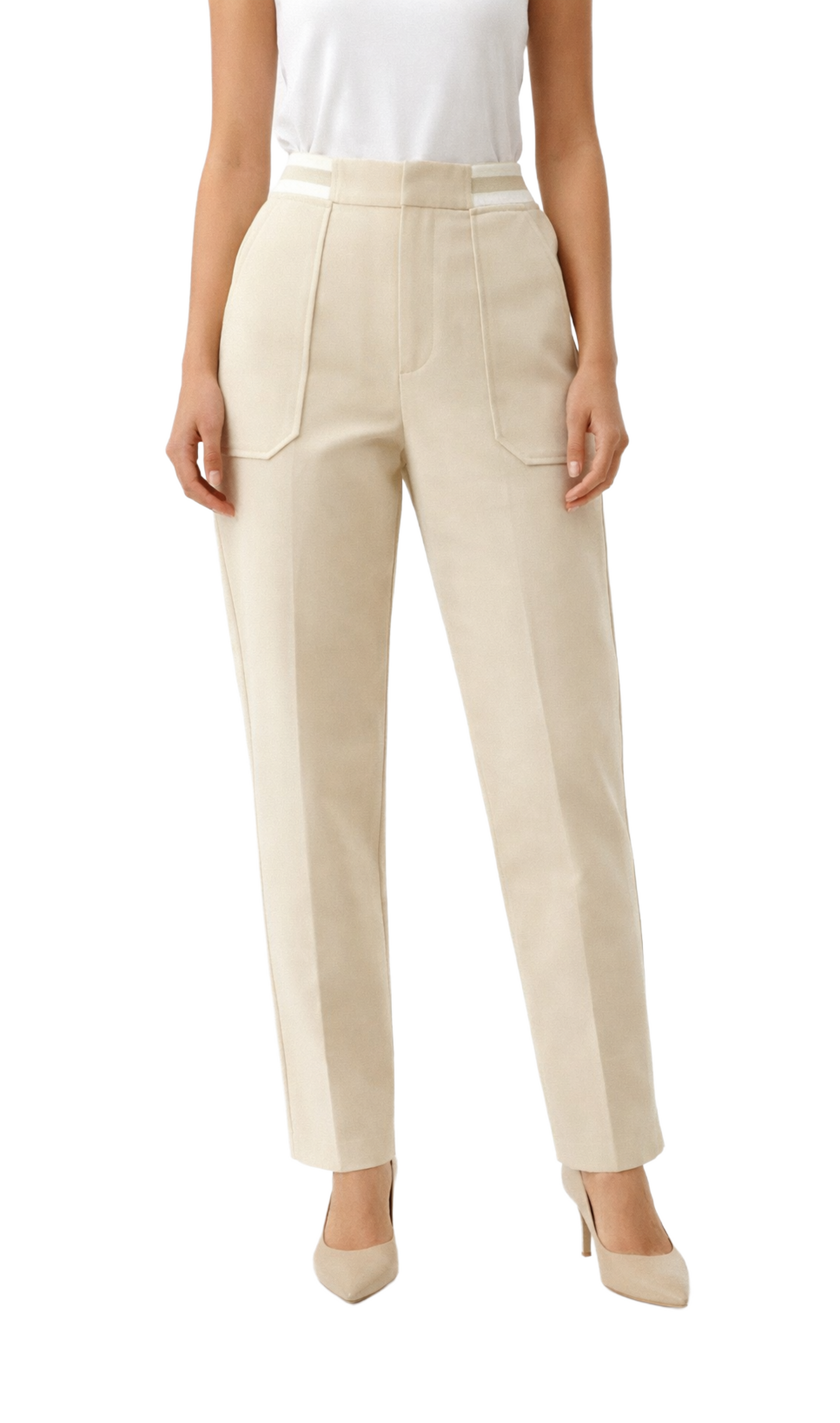 Pantalón beige con elástico multicolor en cintura de semi vestir