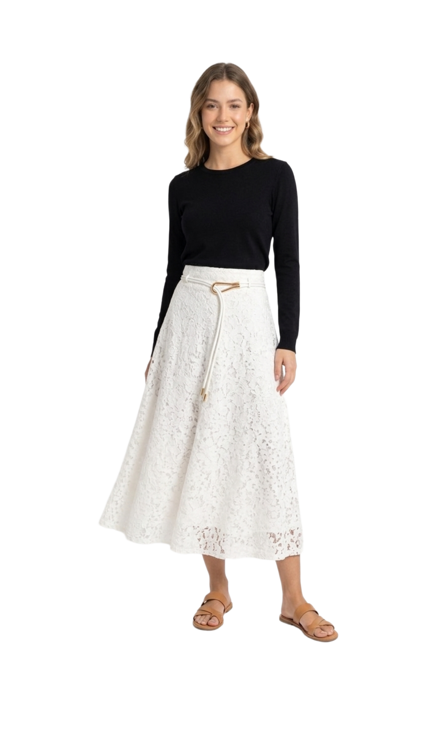 Falda blanca de encaje larga con detalle de cinto