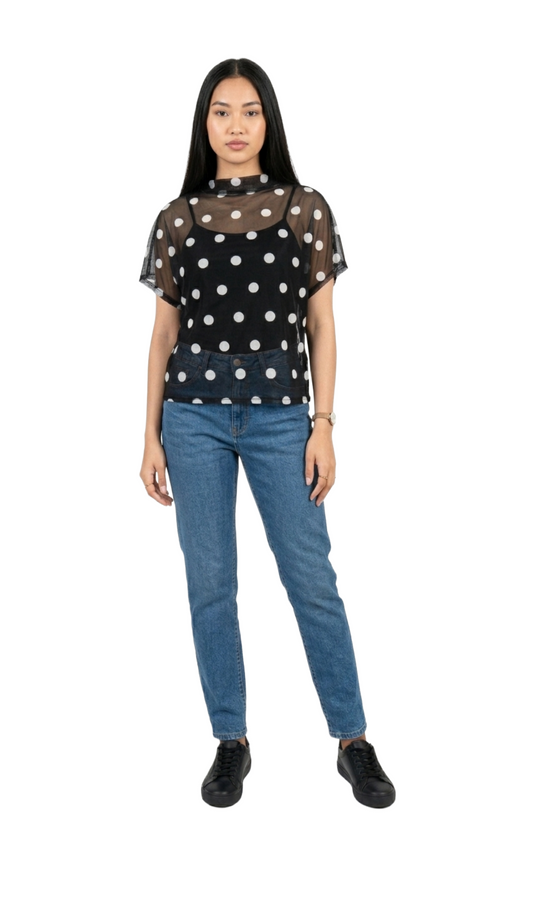 Blusa negra mesh con puntos blancos