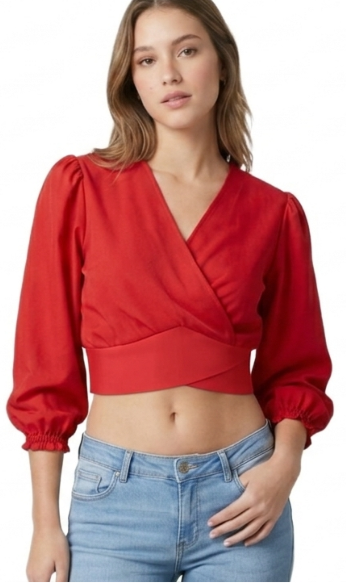 Crop rojo con escote en V manga de globo