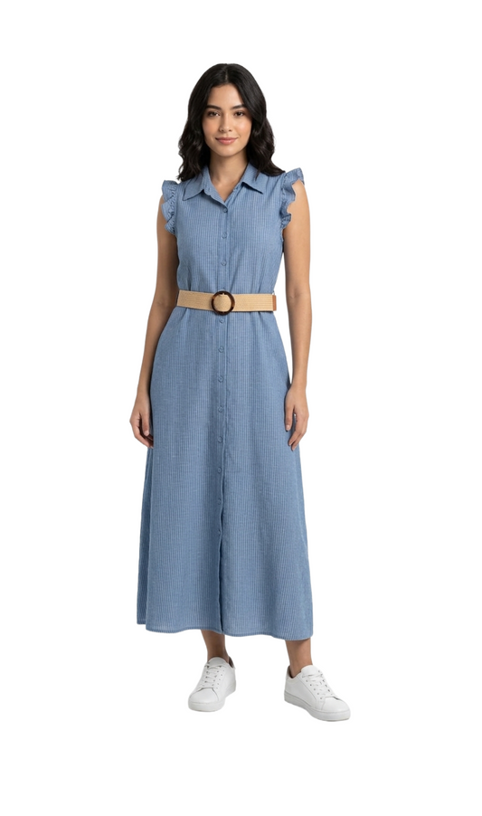 Vestido largo azul abotonado a rayas con cinturon