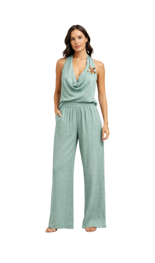 Conjunto color acqua de blusa y pantalón estilo playero