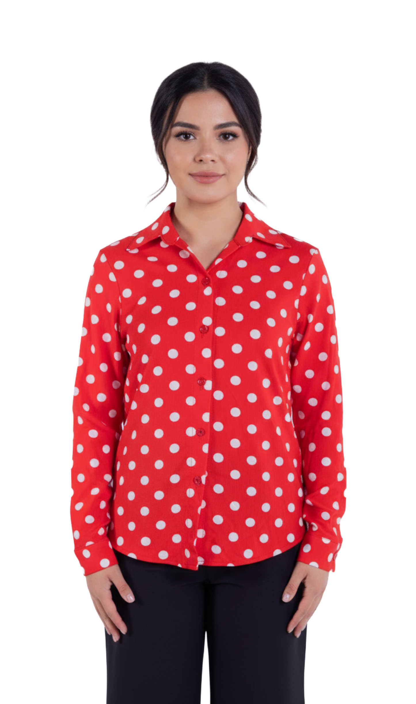 Blusa roja de vestir con puntos blancos