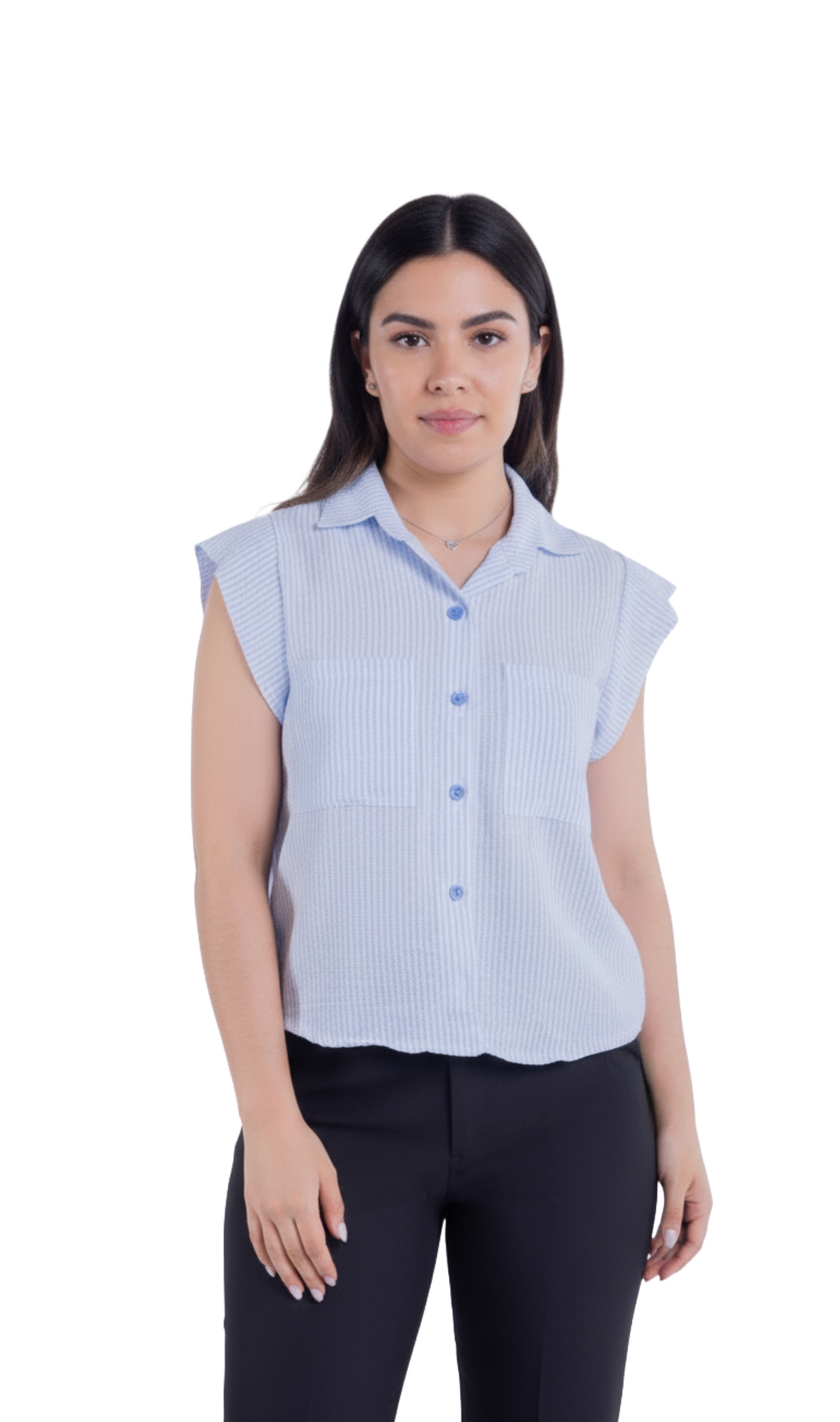 Blusa abotonada de rayas con bolsitas en pecho