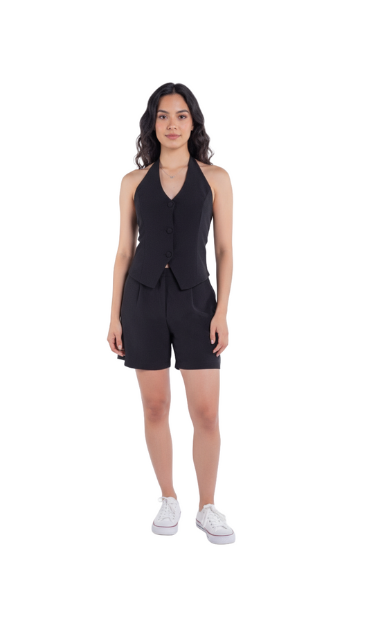 Conjunto negro de dos pizas de chaleco halter y pantalon