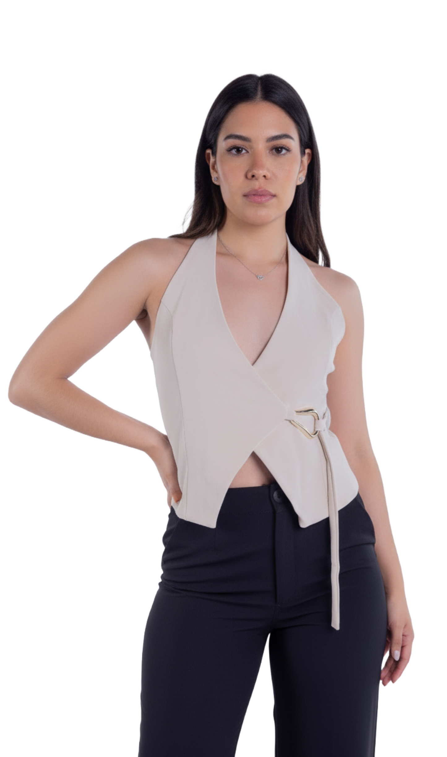 Chaleco beige cuello en V con amarre lateral