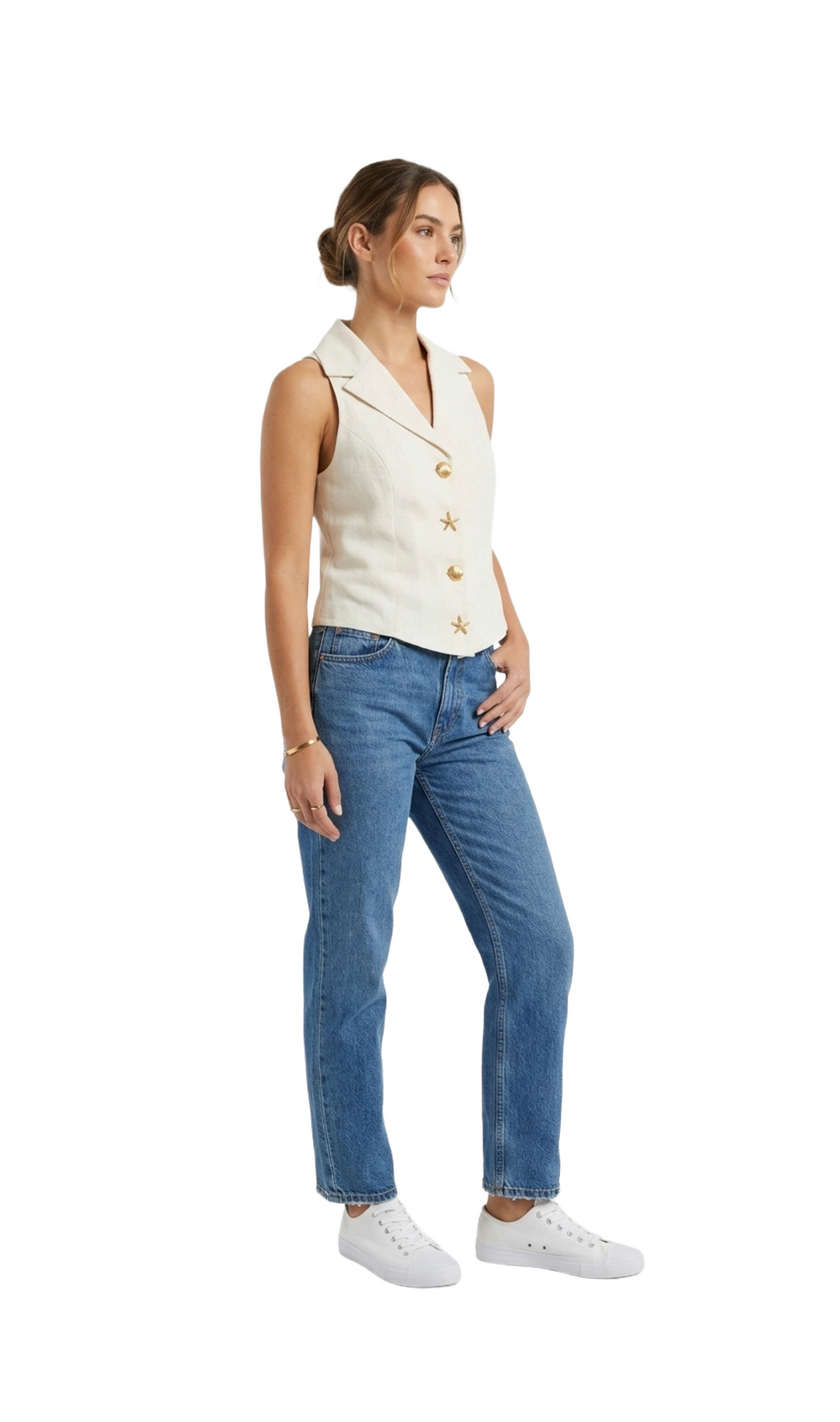 Chaleco beige estilo halter con botones metálicos de estilo marino