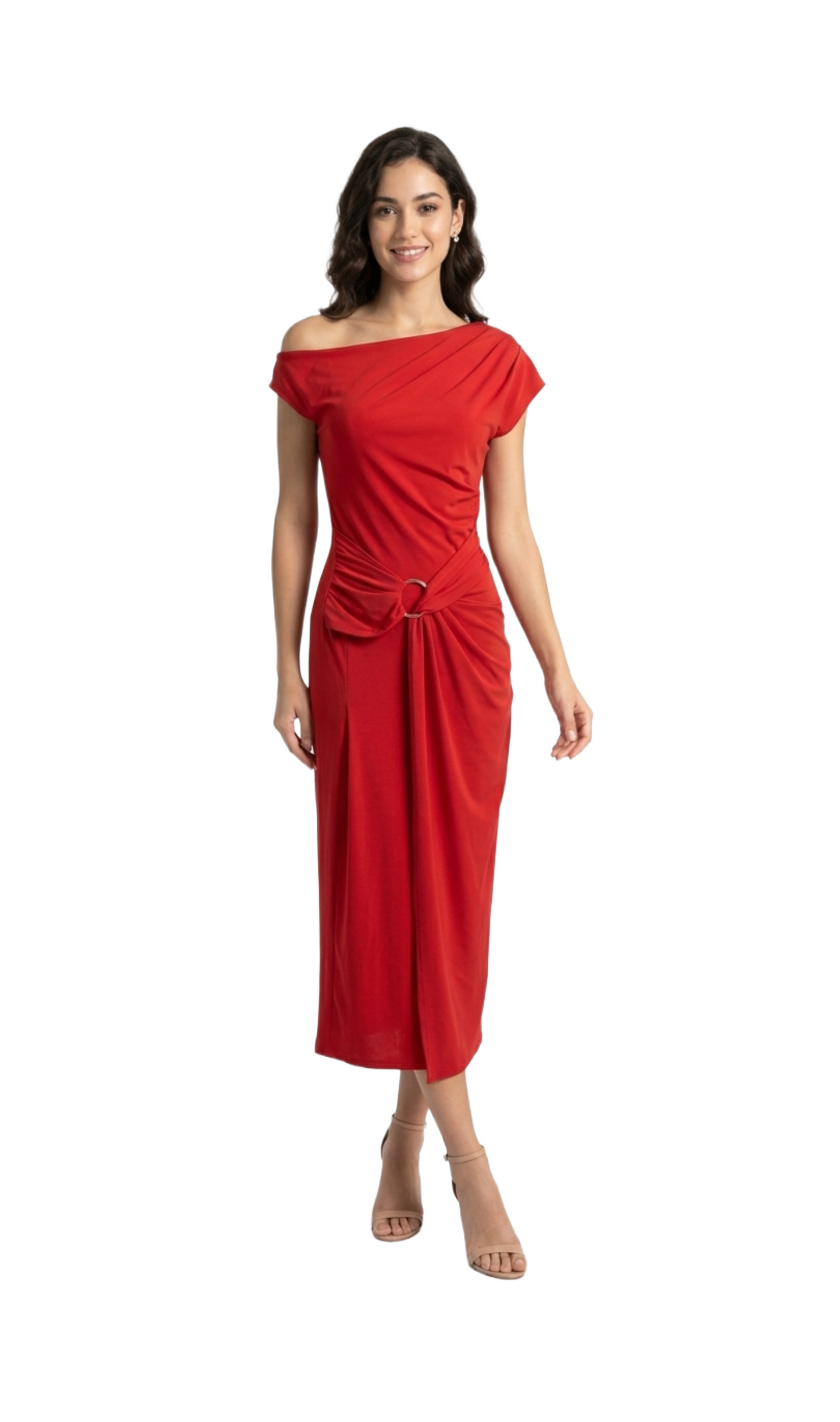 Vestido rojo con caida al hombro y detalle en cintura