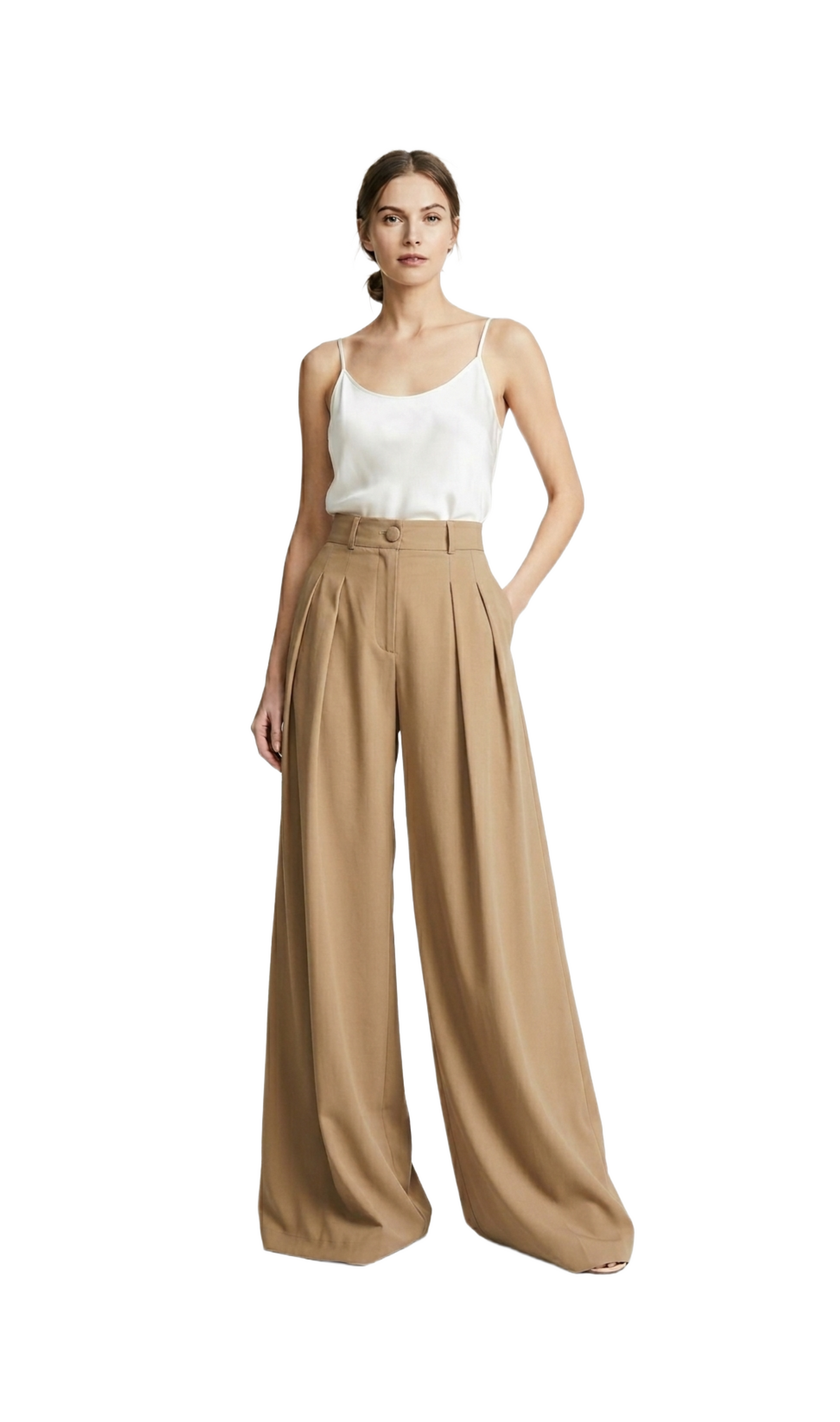 Pantalón beige con pinzas acampanado