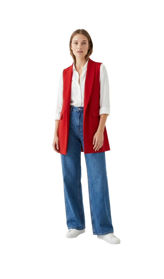 Chaleco rojo abierto largo con bolsas de imitación