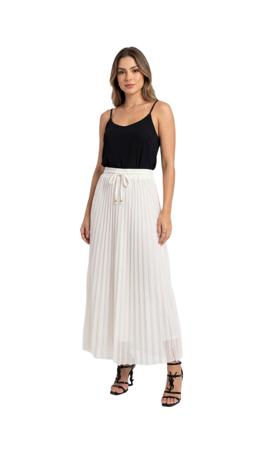 Falda tableada beige tela mesh con detalle en cintura