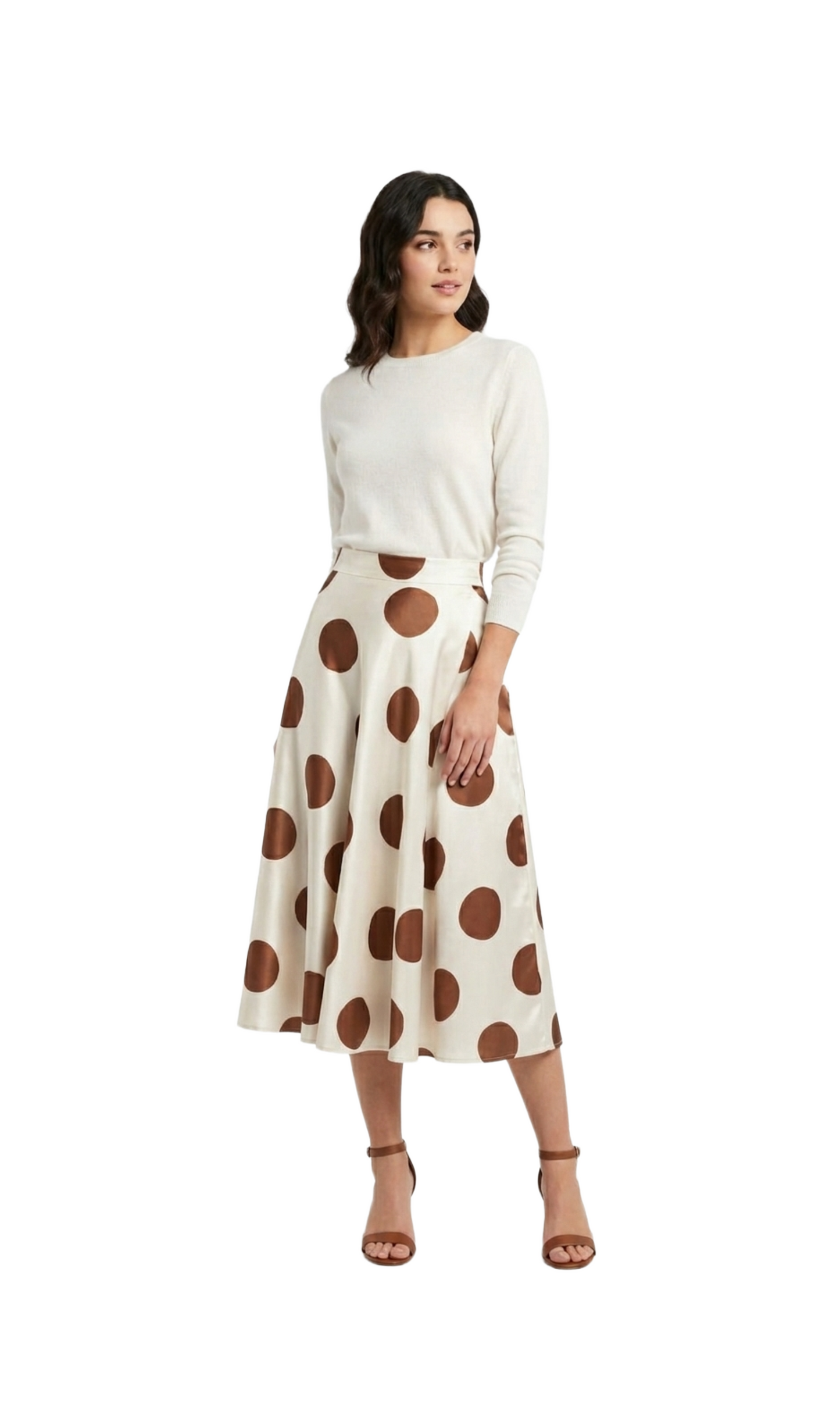 Falda larga beige satinada con puntos cafes