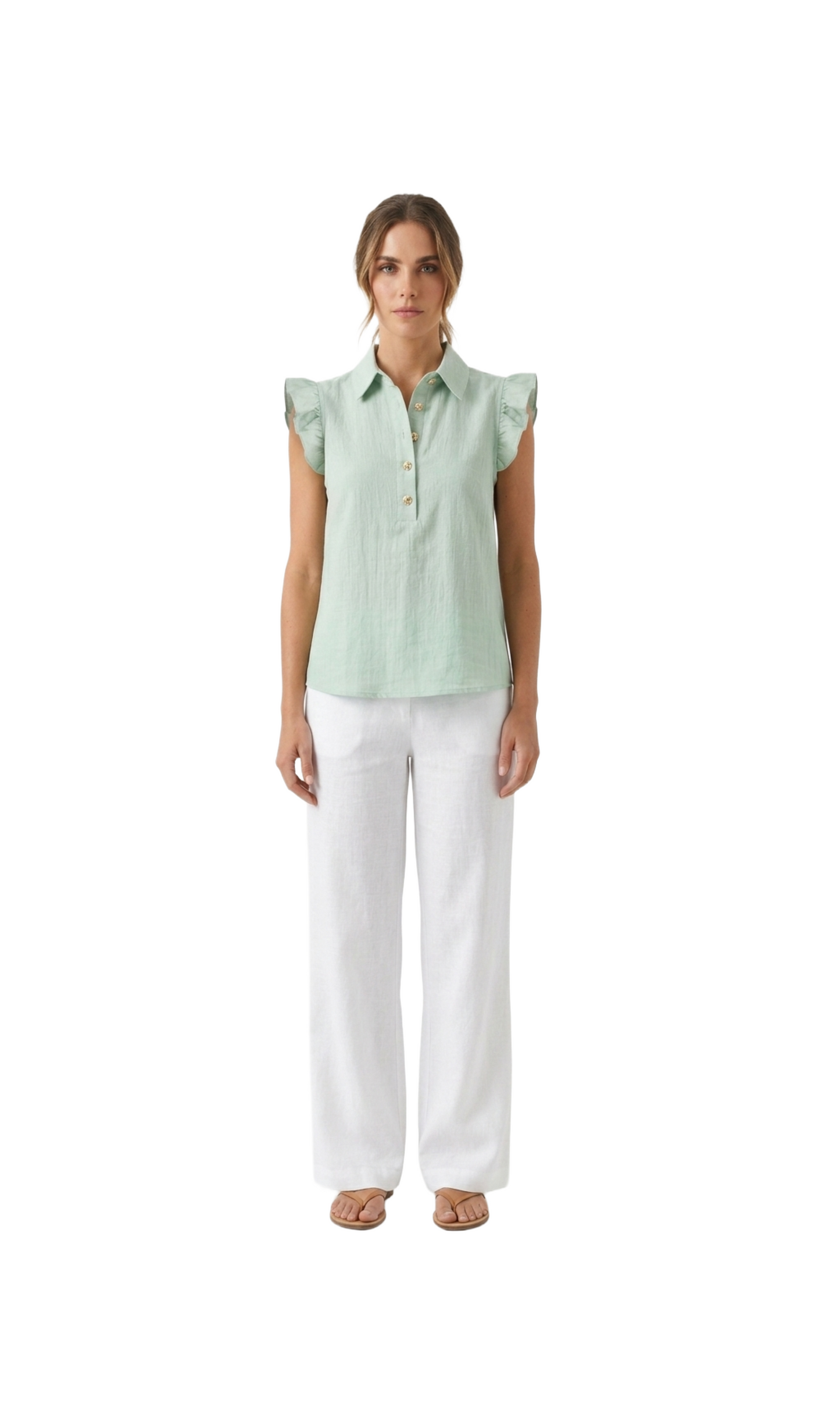 Blusa verde pistacho con cuello y botones decorativos
