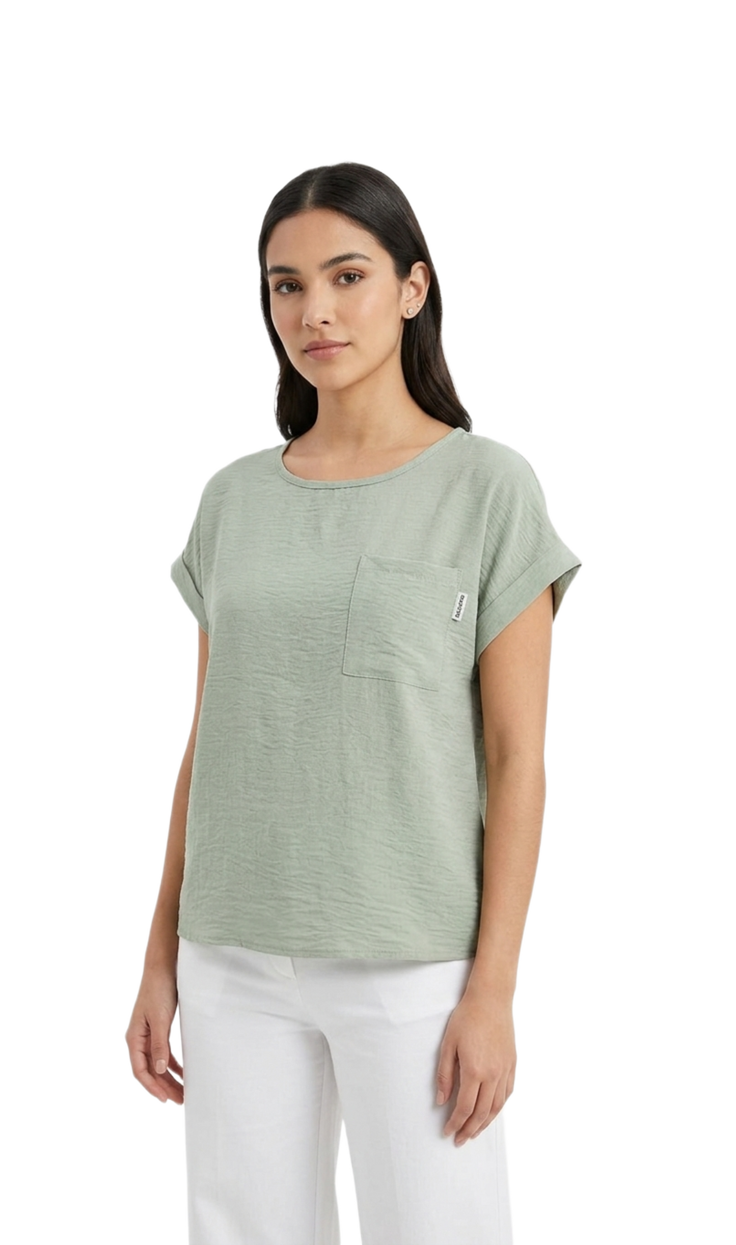 Blusa verde cuello redondo oversize con una bolsita